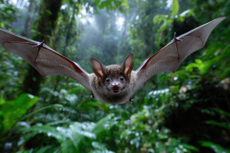 A bat is flying effortlessly among dense greenery in a tropical rainforest during misty weather.の写真素材