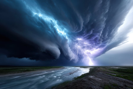 Dark storm clouds gather above a winding river as lightning cracks through the sky during dusk.の写真素材