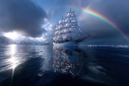 A sailing ship with billowing sails glides over calm waters, reflecting a stunning rainbow in the Arctic sky.の写真素材