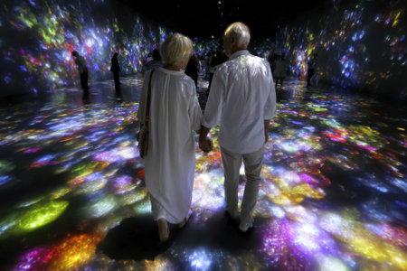Two people walk hand in hand through a vivid light installation at an art exhibit while others explore.の写真素材