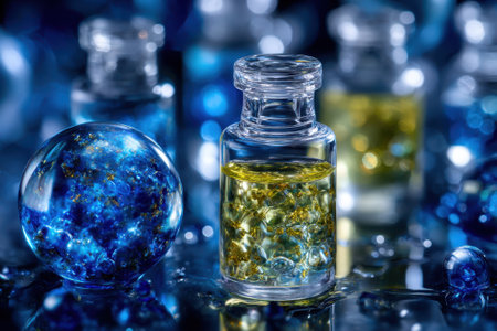 Glass containers filled with vibrant liquids and decorative elements create an artistic display on a shiny surface.の写真素材