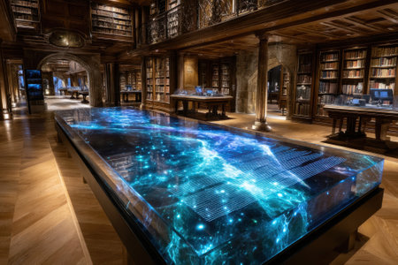 Inside a majestic library, a large table displays a striking cosmic light installation amidst ornate shelves.の写真素材