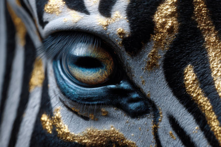 A zebra's eye sparkles with golden glitter, enhancing its captivating black and white stripes.の写真素材