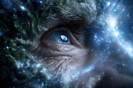 An elderly face blends with cosmic elements, revealing a captivating gaze that reflects the universe.の写真素材
