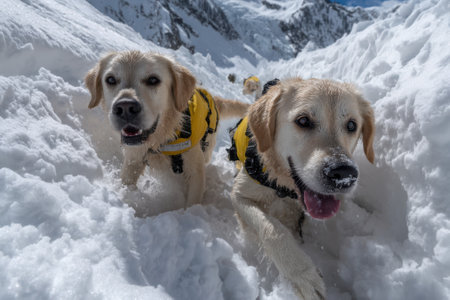 Two golden retrievers energetically play in deep snow under a clear blue sky, showing their joy in winter.の写真素材