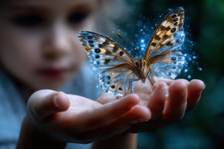 A child observes a butterfly perched delicately on her hand amidst a lush green backdrop, creating a whimsical moment.の写真素材