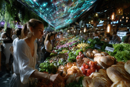 Visitors browse a colorful market, selecting fresh fruits, vegetables, and pastries amid lively surroundings.の写真素材