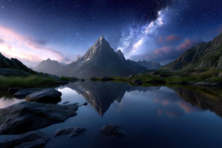 Reflections of a majestic mountain and stars shimmer on a calm lake at twilight, creating a tranquil atmosphere.の写真素材
