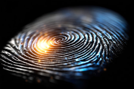 A close-up view of a unique fingerprint pattern highlighted by warm golden illumination on a dark background.の写真素材