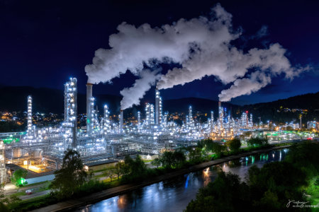 A large industrial facility glows brilliantly at night, with smoke billowing from several towers, next to a river.の写真素材