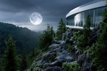A contemporary house perched on a rocky outcrop, surrounded by evergreen trees, illuminated by a full moon.の素材
