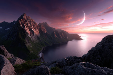 Stunning mountains reflect warm sunset colors while a crescent moon lights up the serene waters below.の写真素材