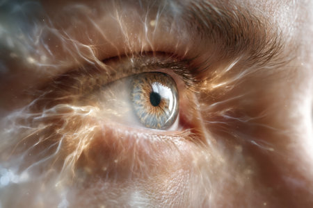 Close-up view of an eye displaying vibrant colors and dynamic patterns, emphasizing its unique beauty.の写真素材