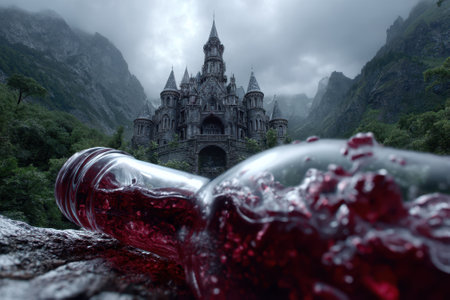 A castle looms ominously under gray clouds while a bottle spills vibrant red liquid nearby, hinting at secrets.の写真素材