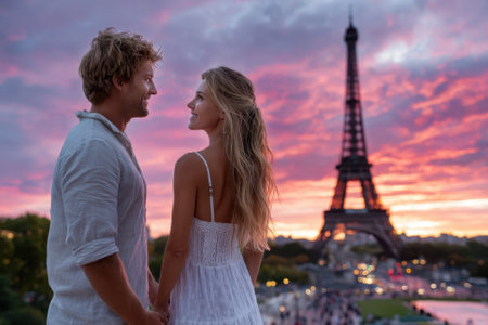 Romantic moment shared by a couple as they admire the sunset behind the Eiffel Tower in Paris.の写真素材