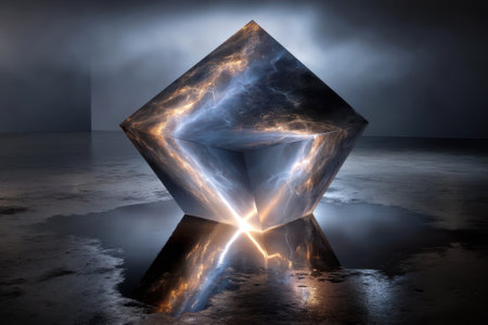 A striking crystal sculpture emits intricate light reflections in a moody environment, creating an ethereal effect.の写真素材