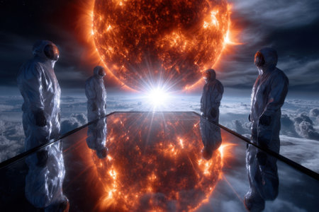 In a breathtaking setting, astronauts stood on a reflective platform, gazing at a massive sun above the clouds.の写真素材