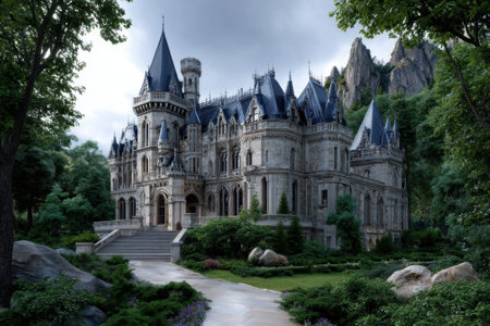 A stunning castle features intricate architecture set amid vibrant trees and rocky hills on a sunny day.の写真素材