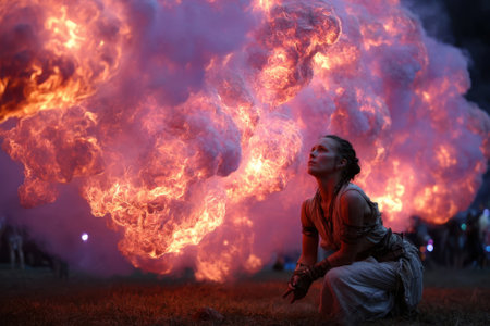 A woman kneels on the grass, entranced by vibrant swirling in the evening sky at a lively event.の写真素材