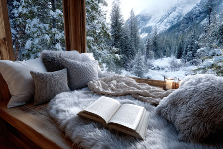 A warm and inviting reading nook features a soft blanket and cushions, overlooking a winter wonderland outside.の写真素材