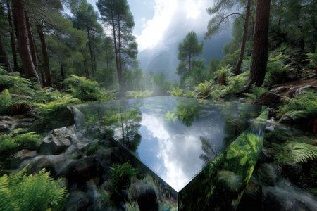 A clear, reflective surface emerges from a lush green landscape, surrounded by trees and ferns, under a blue sky.の写真素材