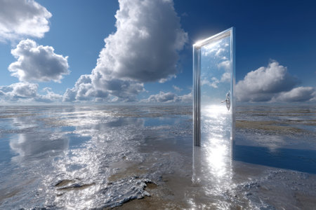 A door stands isolated on a shimmering surface, surrounded by clouds and blue sky, creating a surreal atmosphere.の写真素材