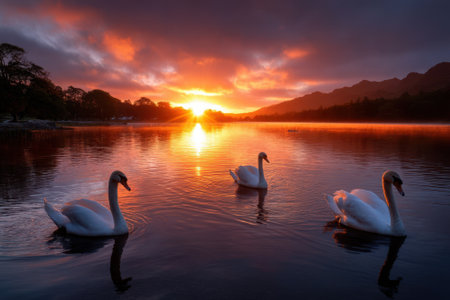 Three swans swim peacefully in a serene lake while the sun sets behind the mountains, creating a stunning view.の写真素材