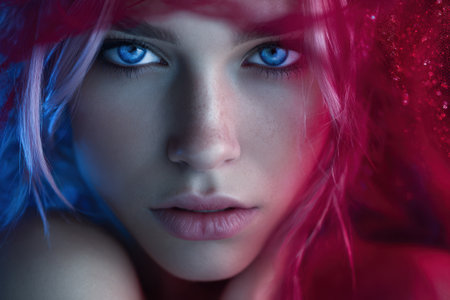 Model with captivating blue eyes poses, her face partially covered by a flowing red and blue veil.の写真素材