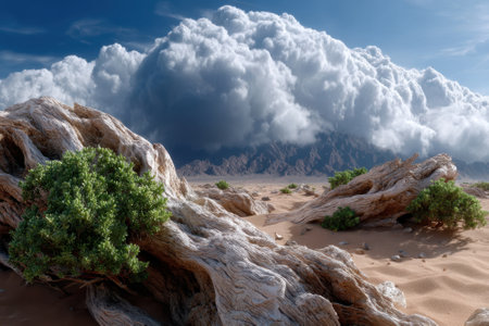 A desert landscape showcases textured rocks and vibrant greenery under a vast sky filled with clouds.の写真素材