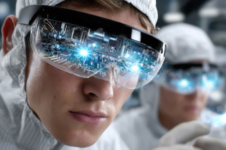 Two individuals in protective suits are focused on detailed circuitry using futuristic augmented reality glasses.の写真素材