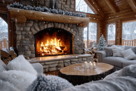 A warm and inviting cabin features a roaring fireplace surrounded by plush furniture and decorations.の写真素材