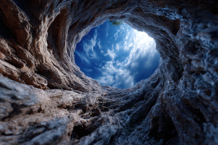 Perspective from within a cave reveals bright sky and soft clouds above this natural formation.の写真素材