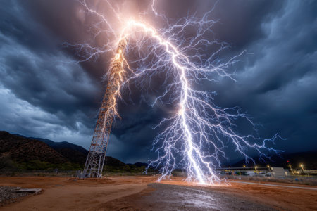 A powerful lightning bolt hits a tall communication tower amidst dark storm clouds in a remote location.の写真素材