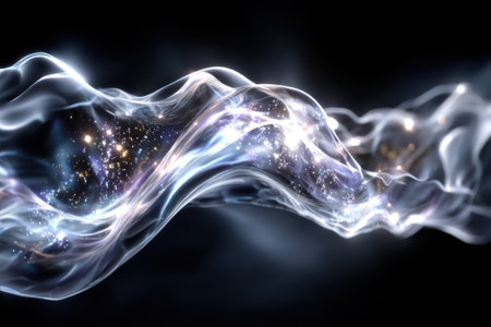Colorful waves of luminous energy flow gracefully, resembling a cosmic dance in a dark space.の写真素材