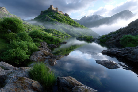 A serene landscape features a castle atop a green hill, surrounded by mist and calm waters reflecting the sky.の写真素材