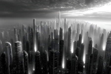 A breathtaking city skyline features towering skyscrapers shrouded in mist, with striking clouds above, at dusk.の写真素材