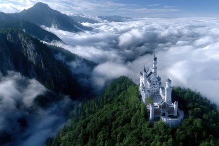 A stunning castle sits atop a mountain surrounded by dense fog, showing a serene landscape at dawn.の写真素材