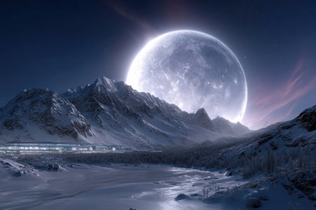 A glowing full moon rises over a winter landscape of towering mountains and a frozen lake at dusk.の写真素材