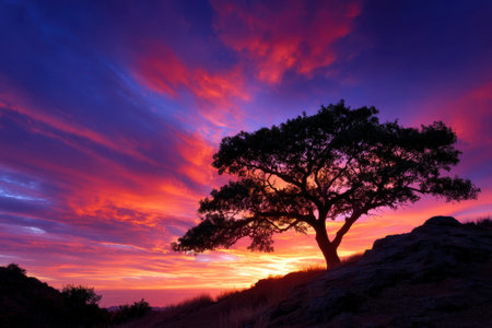 A vivid sunset features a solitary tree standing against a stunning backdrop of purple and orange hues.の写真素材