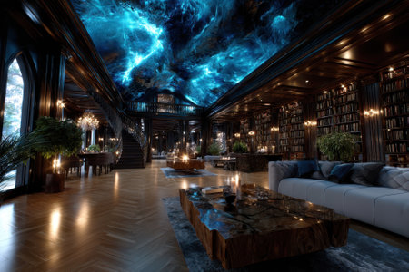 This lavish library features dark wood, many bookshelves, and a stunning cosmic ceiling with intricate details.の写真素材