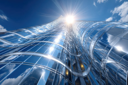 Curved glass structure stretches upwards, reflecting sunlight and clouds, showcasing innovative urban architecture.の写真素材
