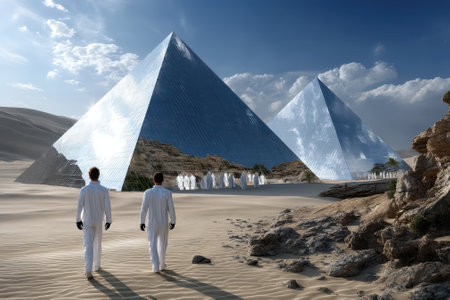 Two figures in white attire walk towards reflective pyramids situated in a vast desert, surrounded by rocks and clouds.の写真素材