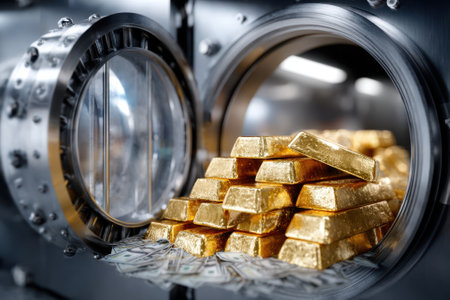 Gold bars and stacks of cash are securely stored inside a modern vault, symbolizing financial security.の写真素材