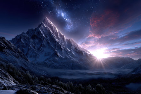 Snow-capped peaks rise towards a vibrant sunrise with stars twinkling in the twilight sky.の写真素材