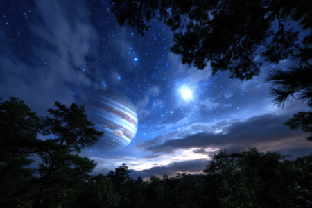 A beautiful night displays Jupiter and stars above a tranquil forest, showing nature's wonder.の写真素材