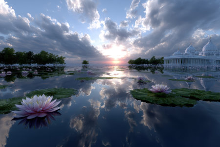 Pink lotus flowers float on a calm lake reflecting clouds and a stunning sunset behind a temple.の写真素材