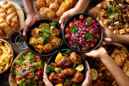 Friends enjoy a delightful feast with grilled chicken, fresh salads, and assorted breads at a lively gathering.の写真素材