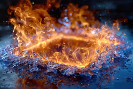 Flames spiral upward, casting light on nearby water as it splashes and reflects the fiery glow.の写真素材