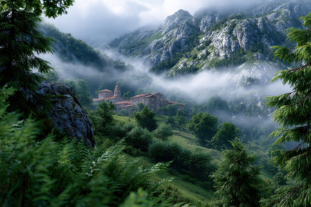 A village nestled in lush green hills is partially hidden by mist and surrounded by towering mountains and trees.の写真素材