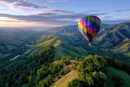 A vibrant hot air balloon sails gracefully above rolling green hills, capturing a serene sunrise view.の写真素材